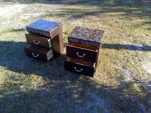 Matching end tables with marble-look tops and sturdy construction. Ideal for living rooms, bedrooms, or guest spaces. Clean lines, compact footprint, and generous drawer/storage space. Gently used.$70