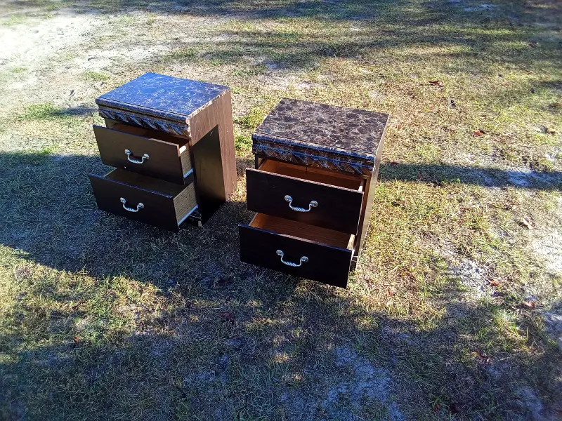 Matching end tables with marble-look tops and sturdy construction. Ideal for living rooms, bedrooms, or guest spaces. Clean lines, compact footprint, and generous drawer/storage space. Gently used.$70