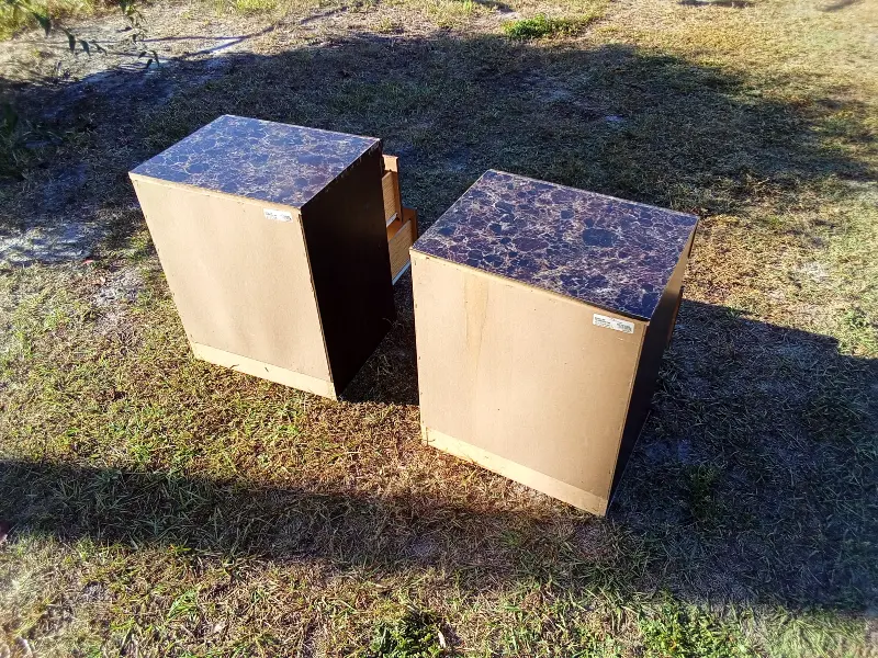 Matching end tables with marble-look tops and sturdy construction. Ideal for living rooms, bedrooms, or guest spaces. Clean lines, compact footprint, and generous drawer/storage space. Gently used.$70