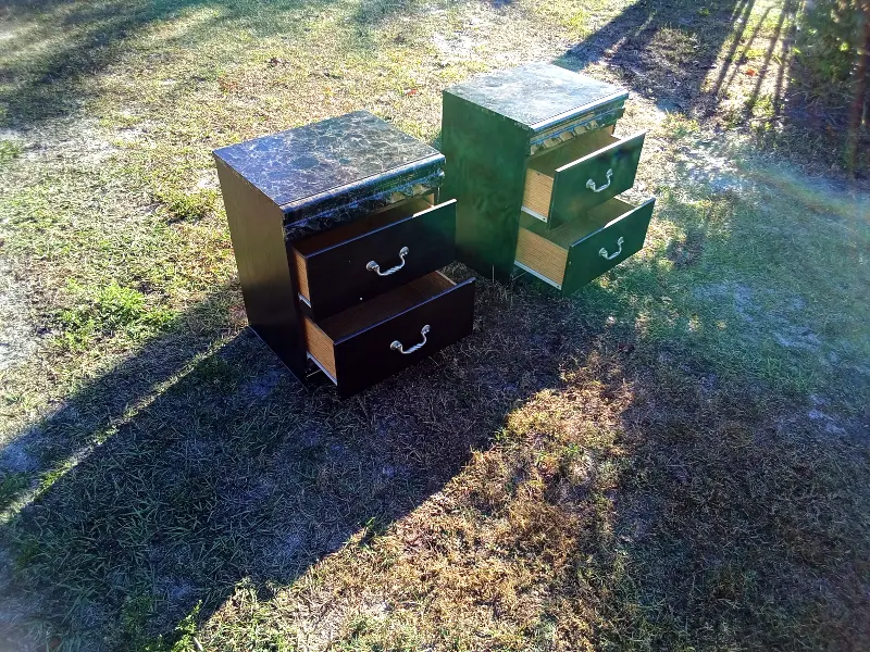 Matching end tables with marble-look tops and sturdy construction. Ideal for living rooms, bedrooms, or guest spaces. Clean lines, compact footprint, and generous drawer/storage space. Gently used.$70