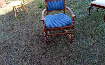 Ornate Real Wood Chair with Blue Cushion – Item #396 – $40